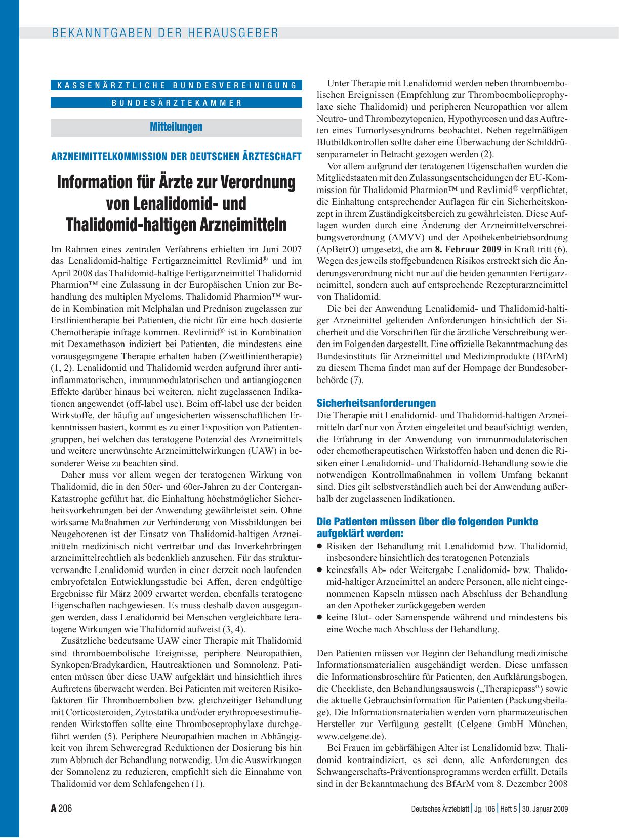 Vorschauseite 1: Mitteilungen - Arzneimittelkommission der deutschen Ärzteschaft: Information für Ärzte zur Verordnung von Lenalidomidund Thalidomid-haltigen Arzneimitteln
