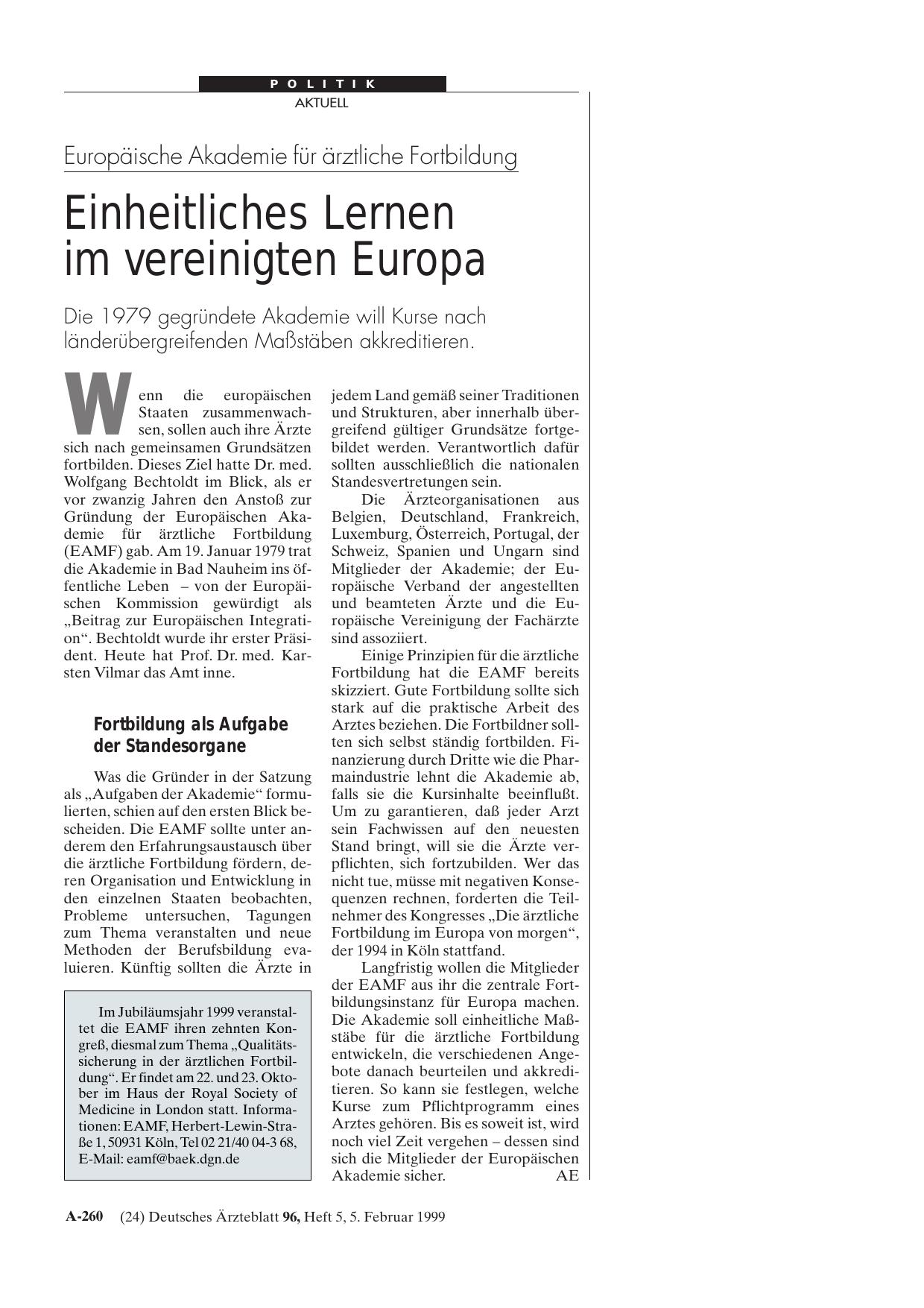 Vorschauseite 1: Europäische Akademie für ärztliche Fortbildung: Einheitliches Lernen im vereinigten Europa
