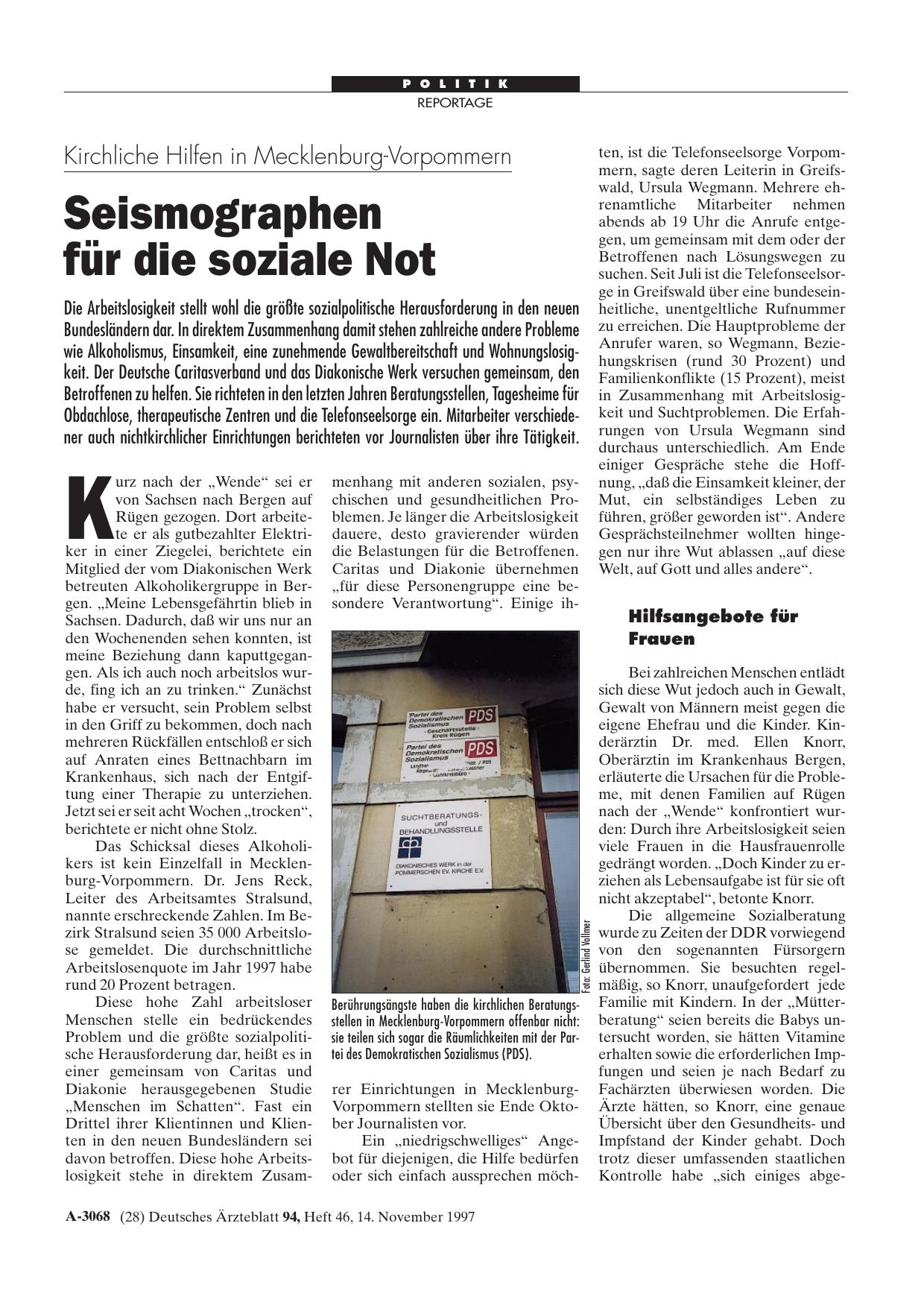 Vorschauseite 1: Kirchliche Hilfen in Mecklenburg-Vorpommern: Seismographen für die soziale Not