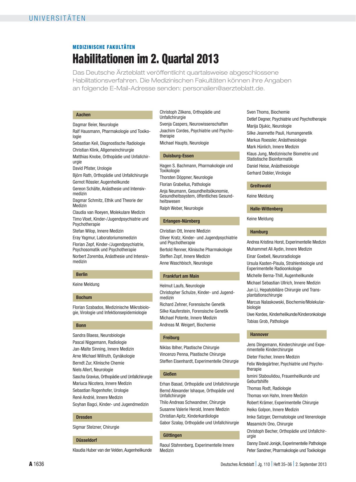 Vorschauseite 1: Medizinische Fakultäten: Habilitationen im 2. Quartal 2013