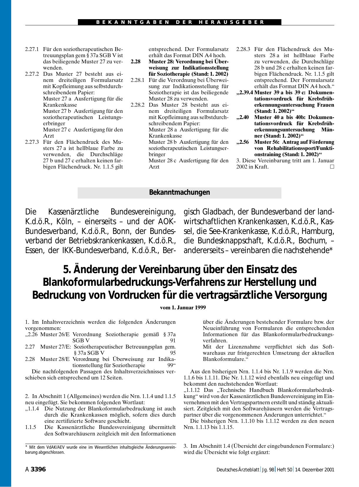 Vorschauseite 1: Bekanntmachungen: 5. Änderung der Vereinbarung über den Einsatz des Blankoformularbedruckungs-Verfahrens zur Herstellung und Bedruckung von Vordrucken für die vertragsärztliche Ve…