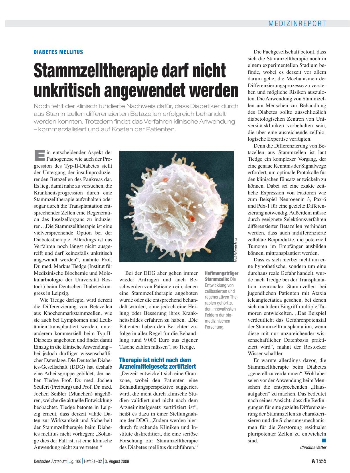Vorschauseite 1: Diabetes mellitus: Stammzelltherapie darf nicht unkritisch angewendet werden