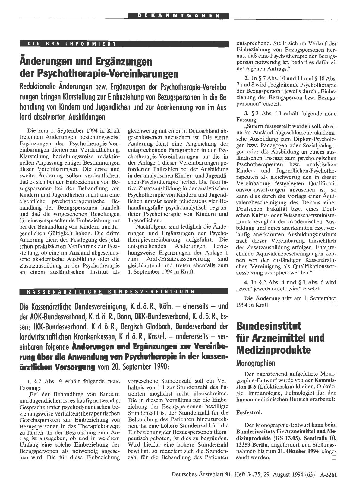 Vorschauseite 1: Änderungen und Ergänzungen der Psychotherapie-Vereinbarungen