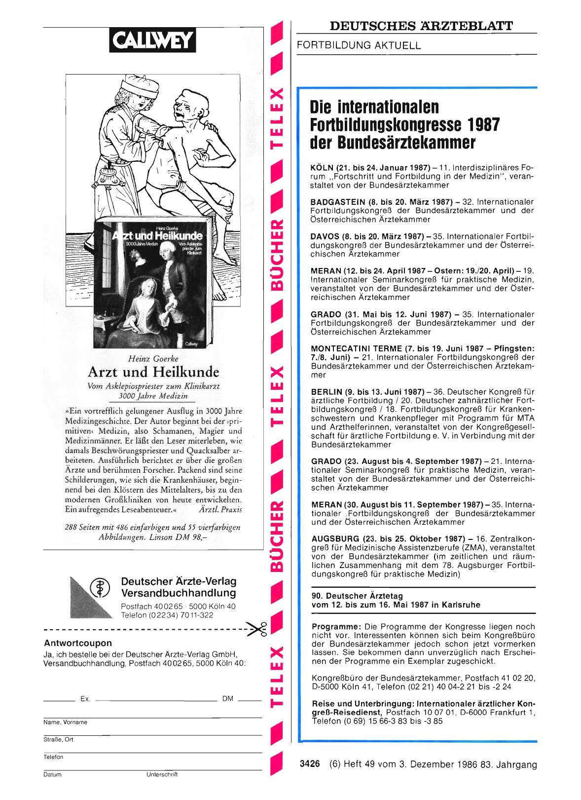 Vorschauseite 1: Die internationalen Fortbildungskongresse 1987 der Bundesärztekammer