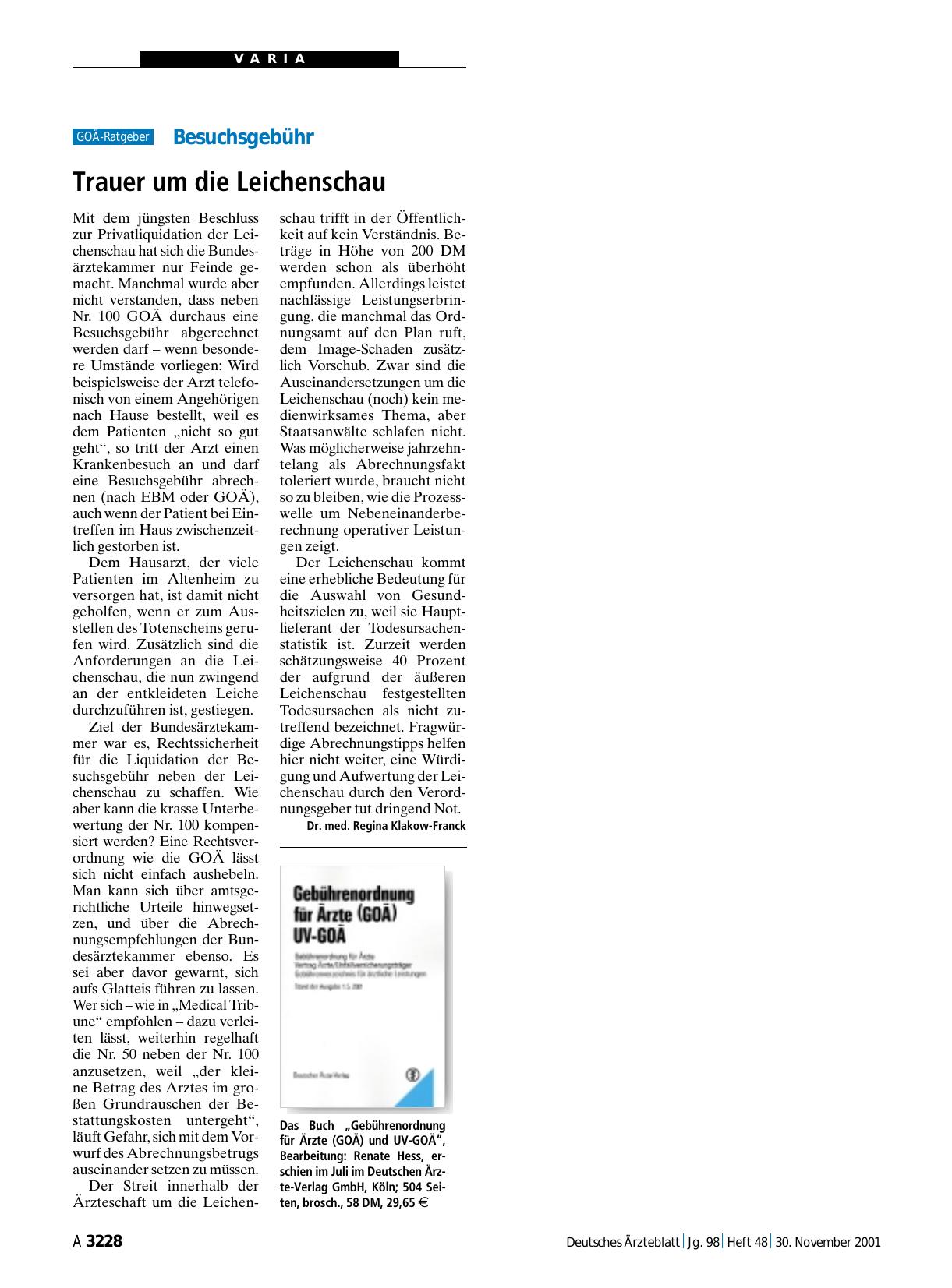 Vorschauseite 1: Besuchsgebühr: Trauer um die Leichenschau