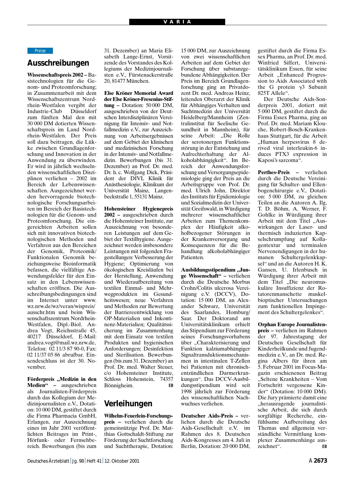 Vorschauseite 1: Verleihungen