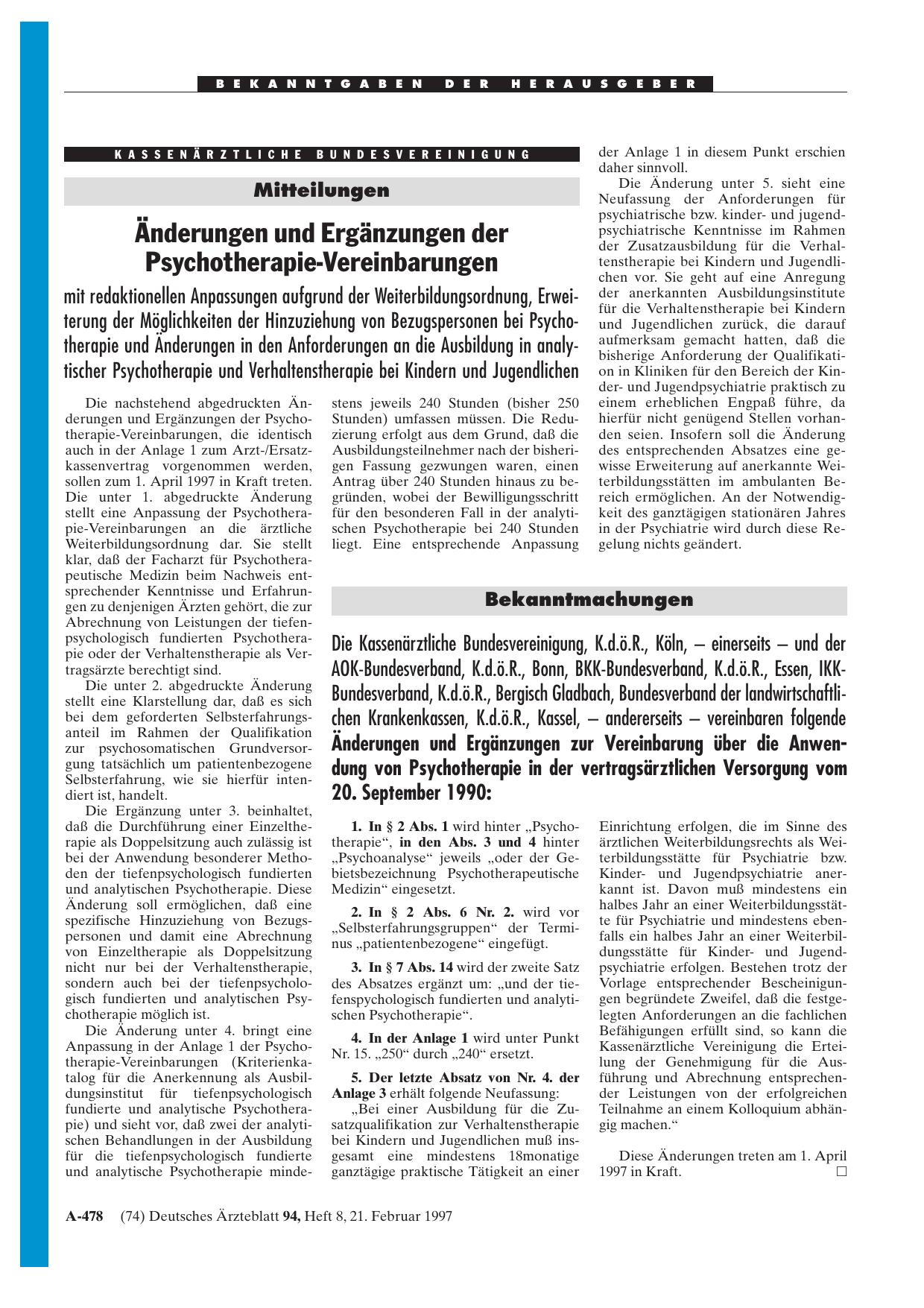 Vorschauseite 1: Mitteilungen: Änderungen und Ergänzungen der Psychotherapie-Vereinbarungen