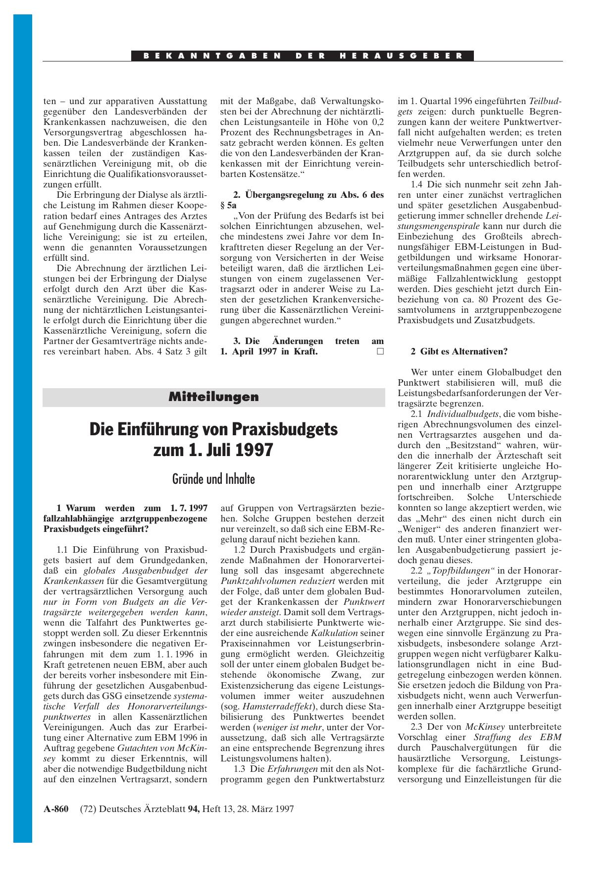 Vorschauseite 1: Mitteilungen: Die Einführung von Praxisbudgets zum 1. Juli 1997 Gründe und Inhalte