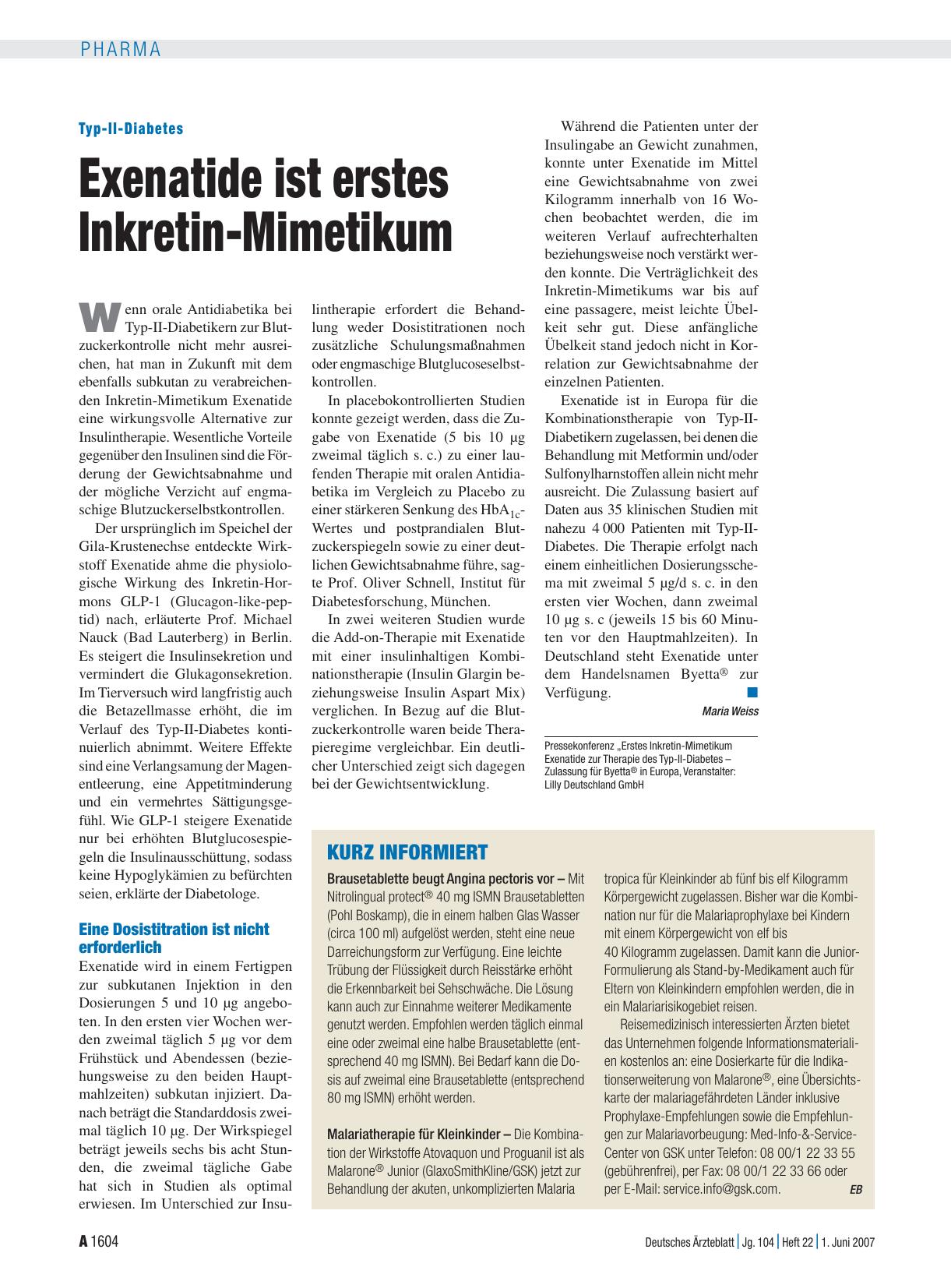 Vorschauseite 1: Typ-II-Diabetes: Exenatide ist erstes Inkretin-Mimetikum
