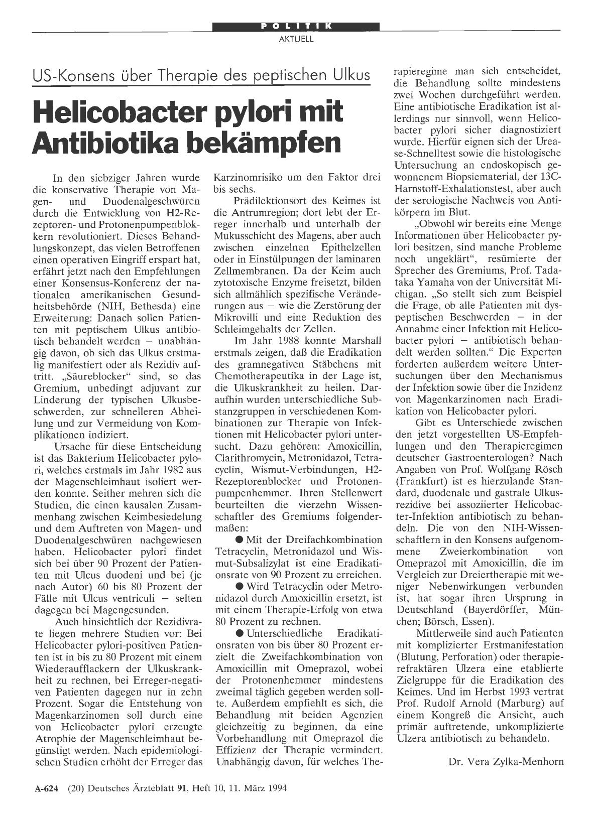 Vorschauseite 1: US-Konsens über Therapie des peptischen Ulkus: Helicobacter pylori mit Antibiotika bekämpfen