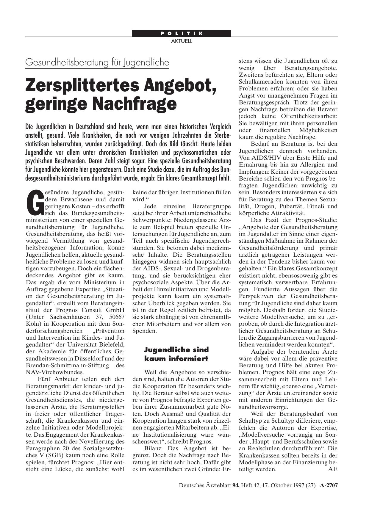Vorschauseite 1: Gesundheitsberatung für Jugendliche: Zersplittertes Angebot, geringe Nachfrage