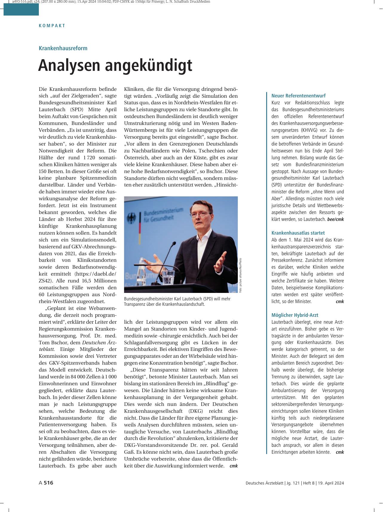 Vorschauseite 1: Neuer Referentenentwurf / Krankenhausatlas startet / Möglicher Hybridarzt