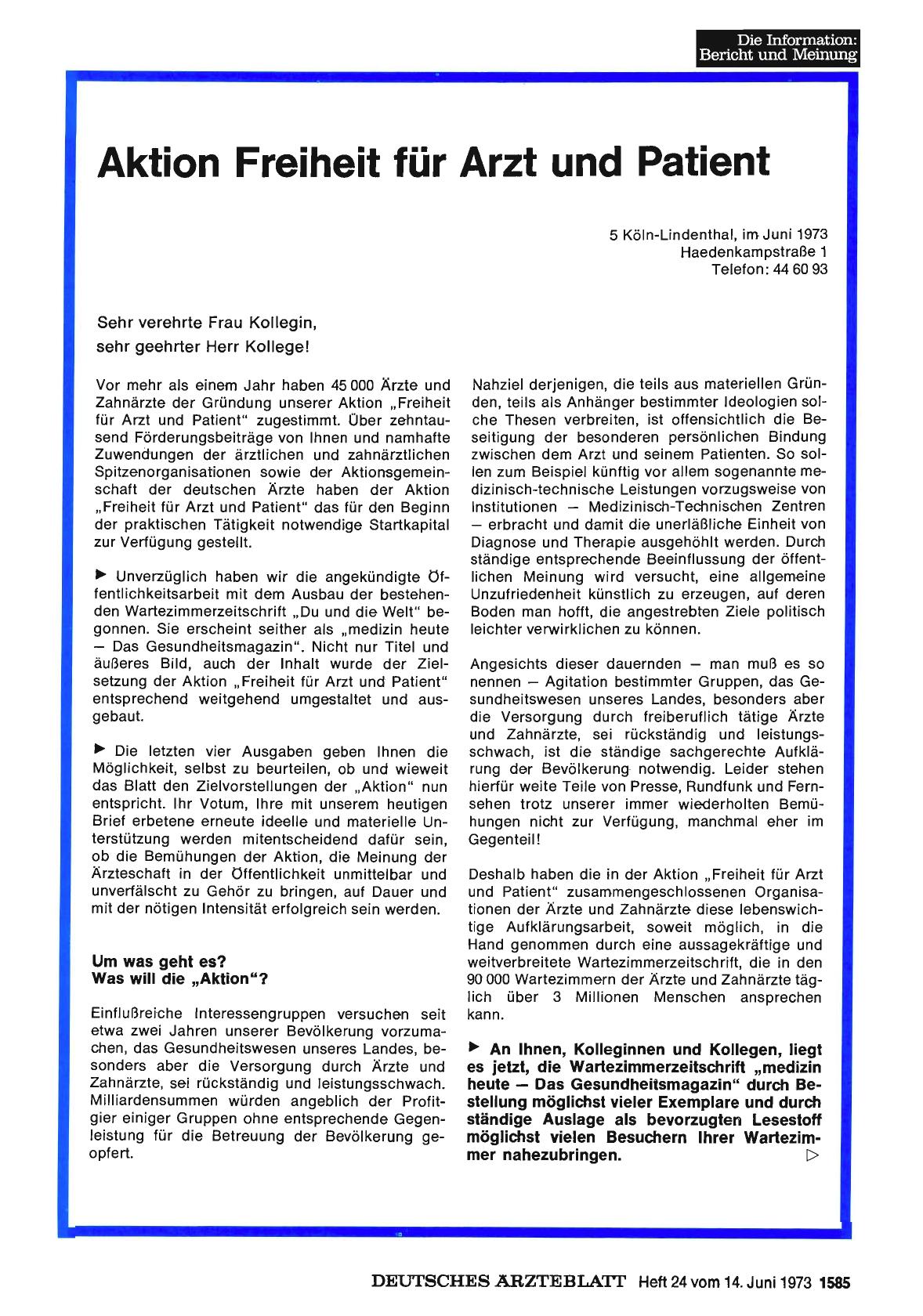 Vorschauseite 1: Aktion Freiheit für Arzt und Patient