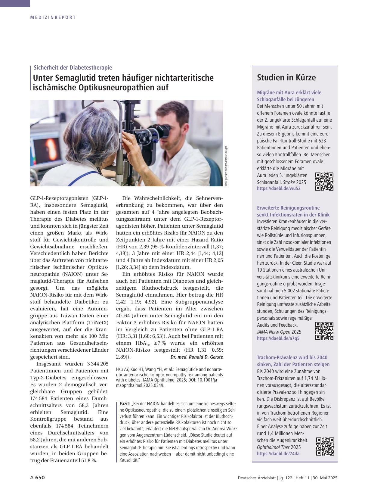 Vorschauseite 1: Sicherheit der Diabetestherapie: Unter Semaglutid treten häufiger nichtarteritische ischämische Optikusneuropathien auf.