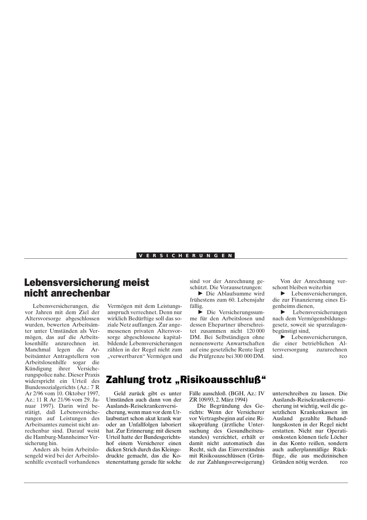 Vorschauseite 1: Zahlung trotz „Risikoausschluß“