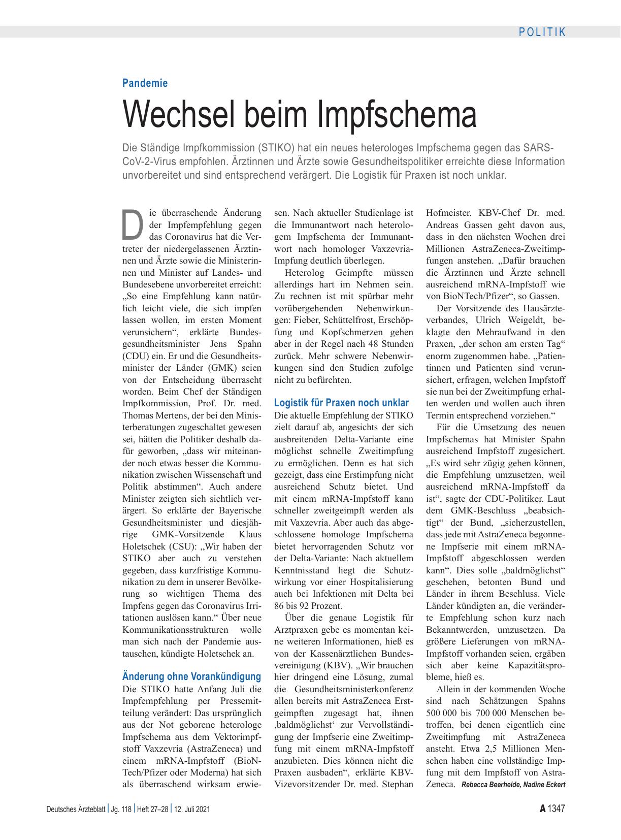 Vorschauseite 1: Pandemie: Wechsel beim Impfschema