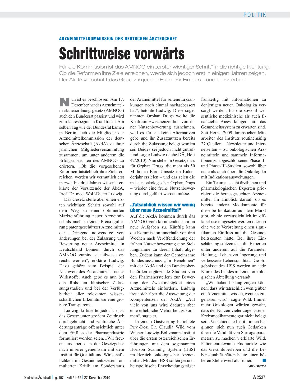 Vorschauseite 1: Arzneimittelkommission der deutschen Ärzteschaft: Schrittweise vorwärts