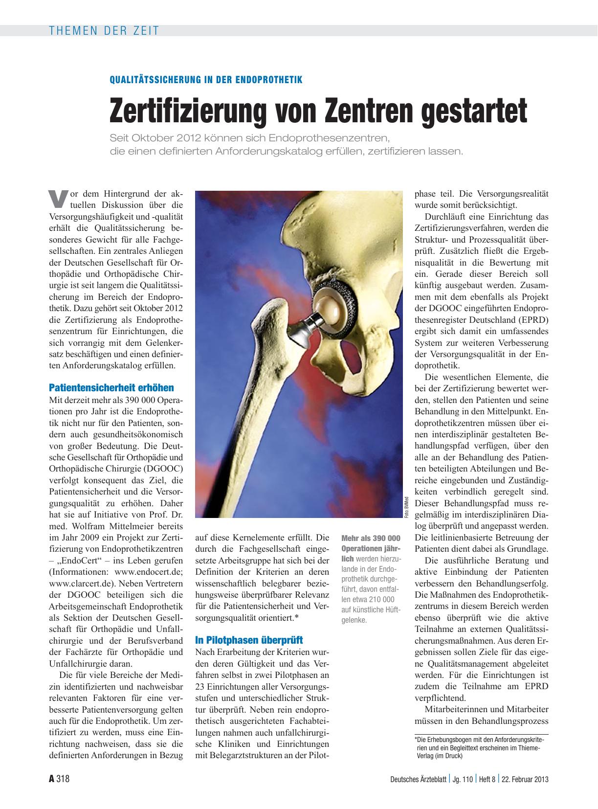Vorschauseite 1: Qualitätssicherung in der Endoprothetik: Zertifizierung von Zentren gestartet