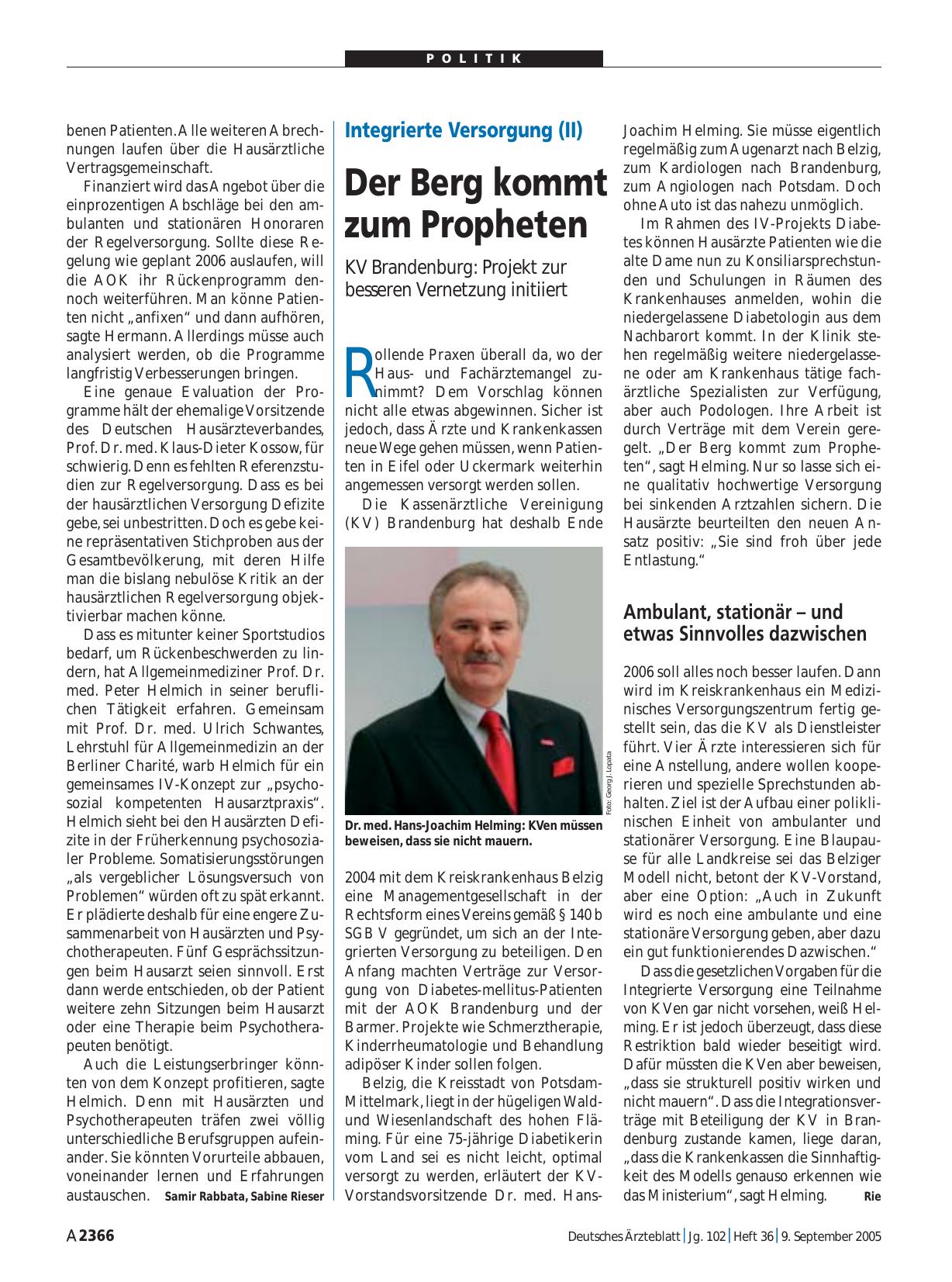 Vorschauseite 1: Integrierte Versorgung (II): Der Berg kommt zum Propheten