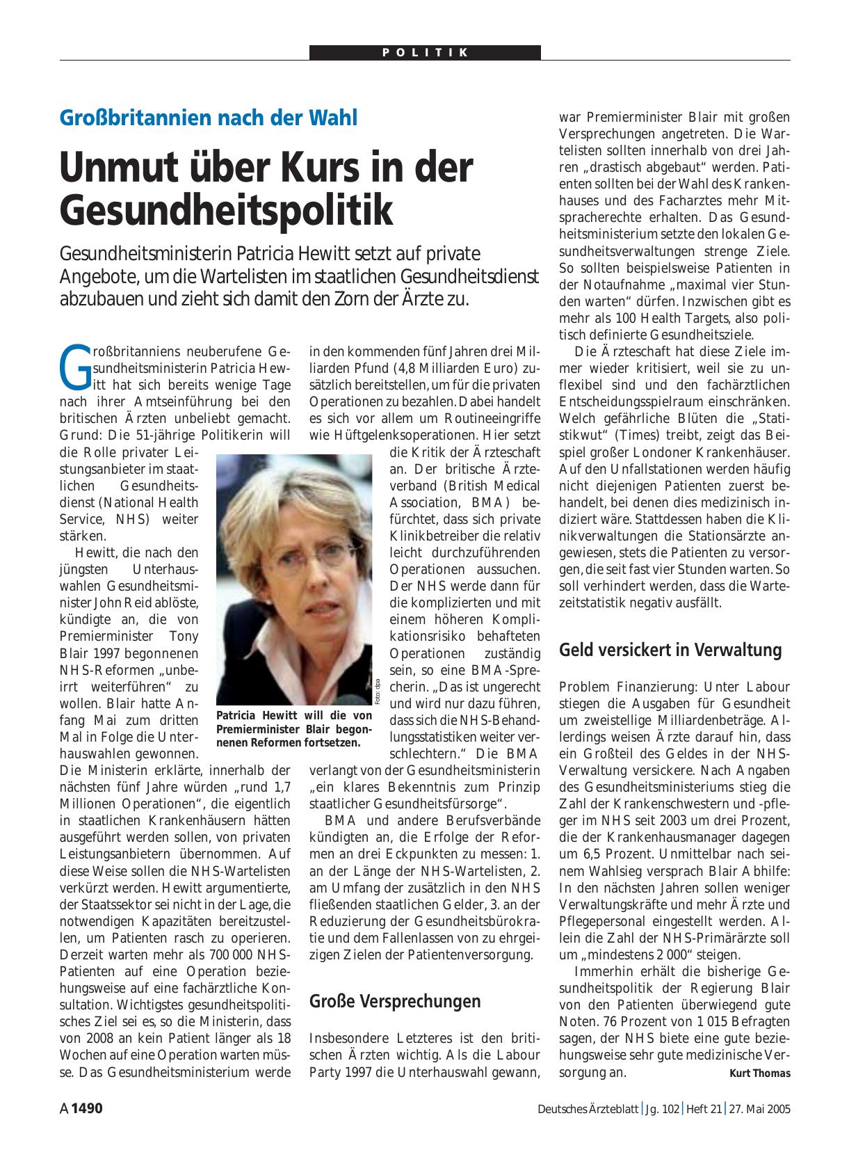 Vorschauseite 1: Großbritannien nach der Wahl: Unmut über Kurs in der Gesundheitspolitik