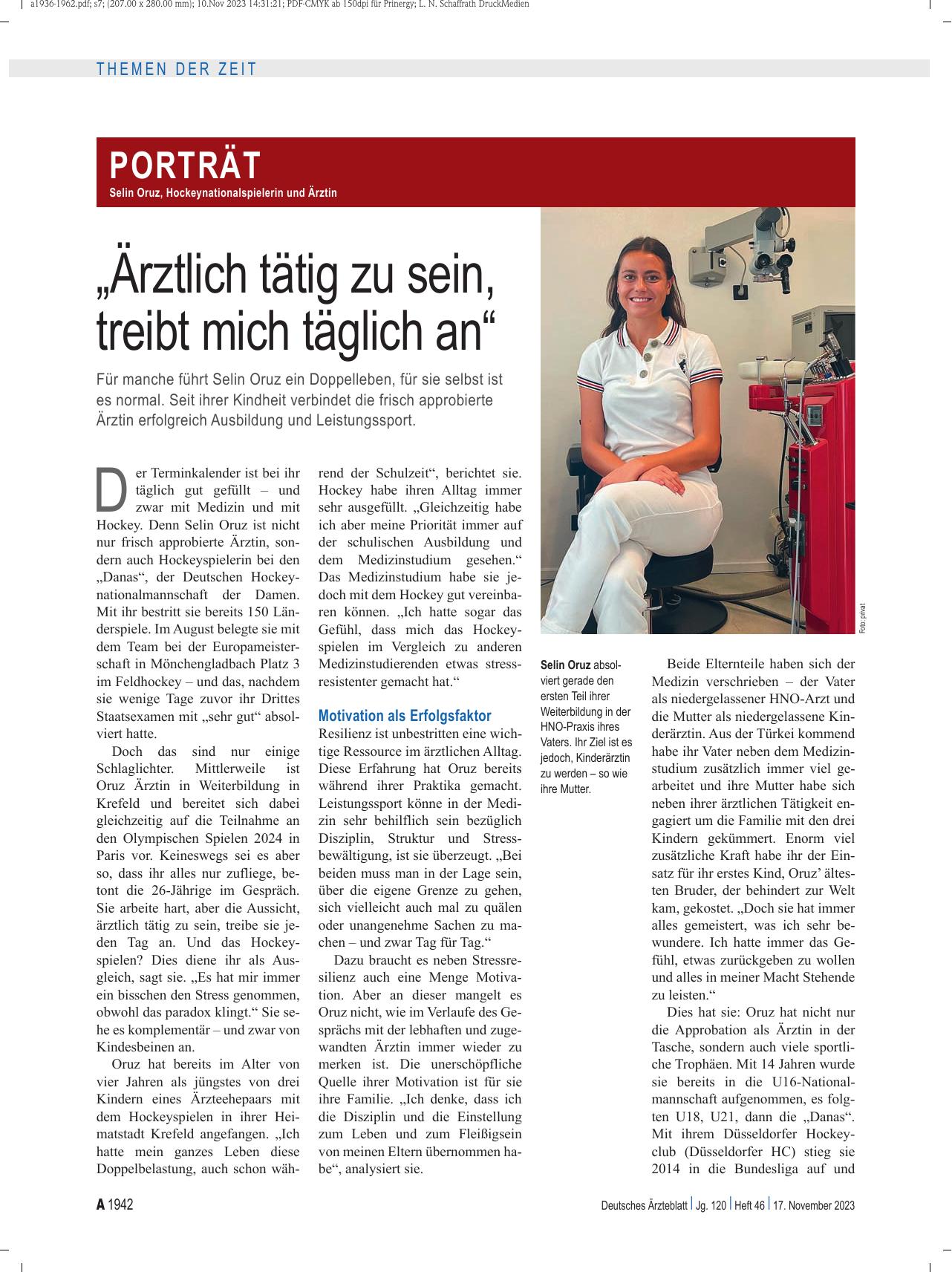 Vorschauseite 1: Selin Oruz, Hockeyspielerin und Ärztin: „Ärztlich tätig zu sein, treibt mich täglich an“