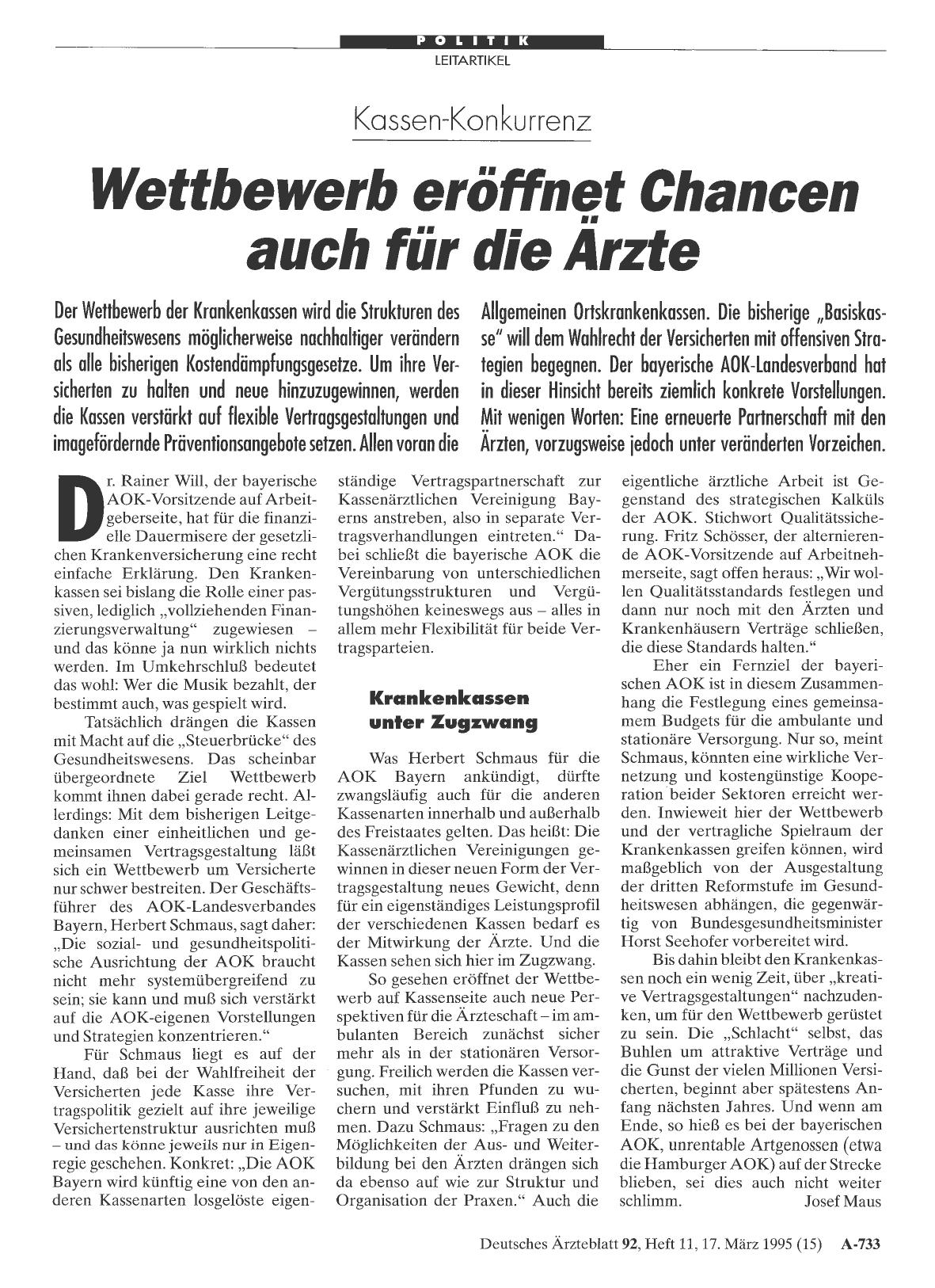 Vorschauseite 1: Kassen-Konkurrenz: Wettbewerb eröffnet Chancen auch für die Arzte