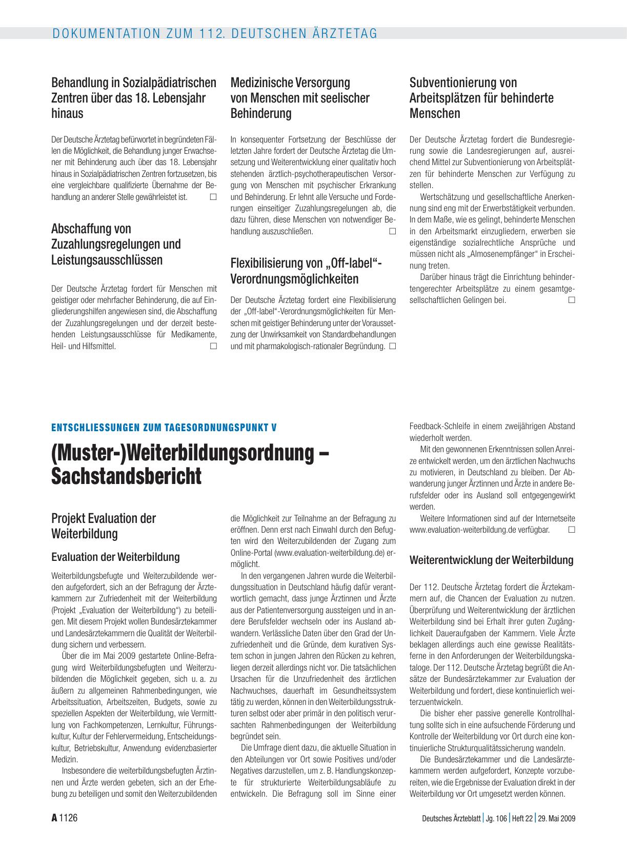 Vorschauseite 1: Entschliessungen zum Tagesordnungspunkt V: (Muster-)Weiterbildungsordnung – Sachstandsbericht