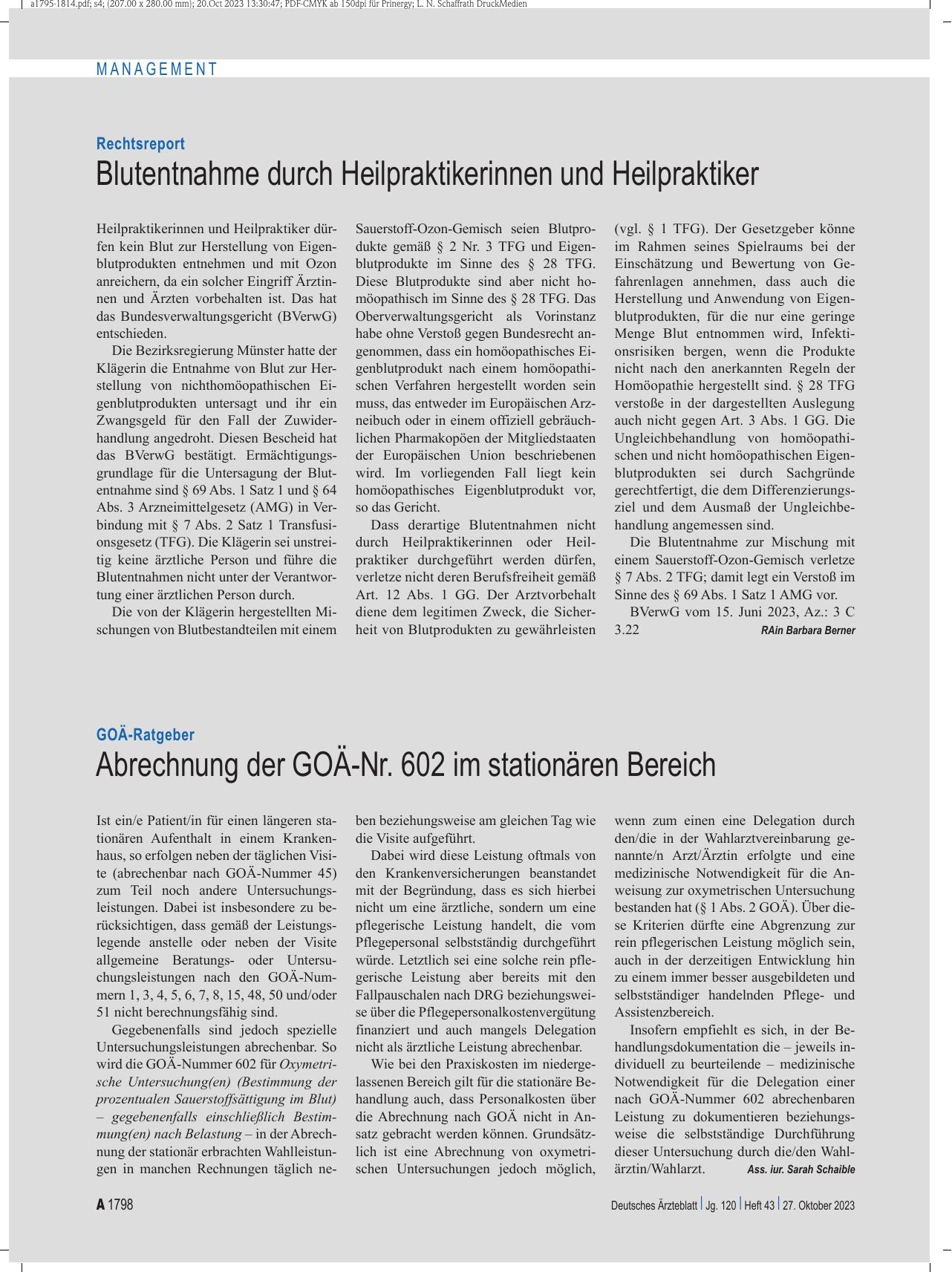 Vorschauseite 1: GOÄ-Ratgeber: Abrechnung der GOÄ-Nr. 602 im stationären Bereich