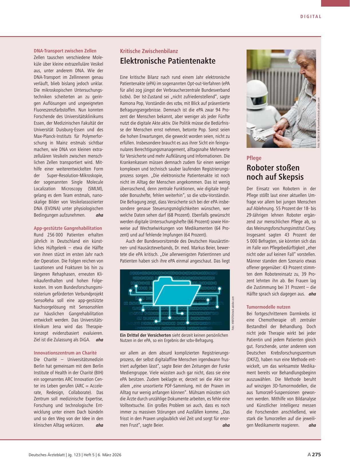 Vorschauseite 1: Pflege: Roboter stoßen noch auf Skepsis / Tumormodelle nutzen