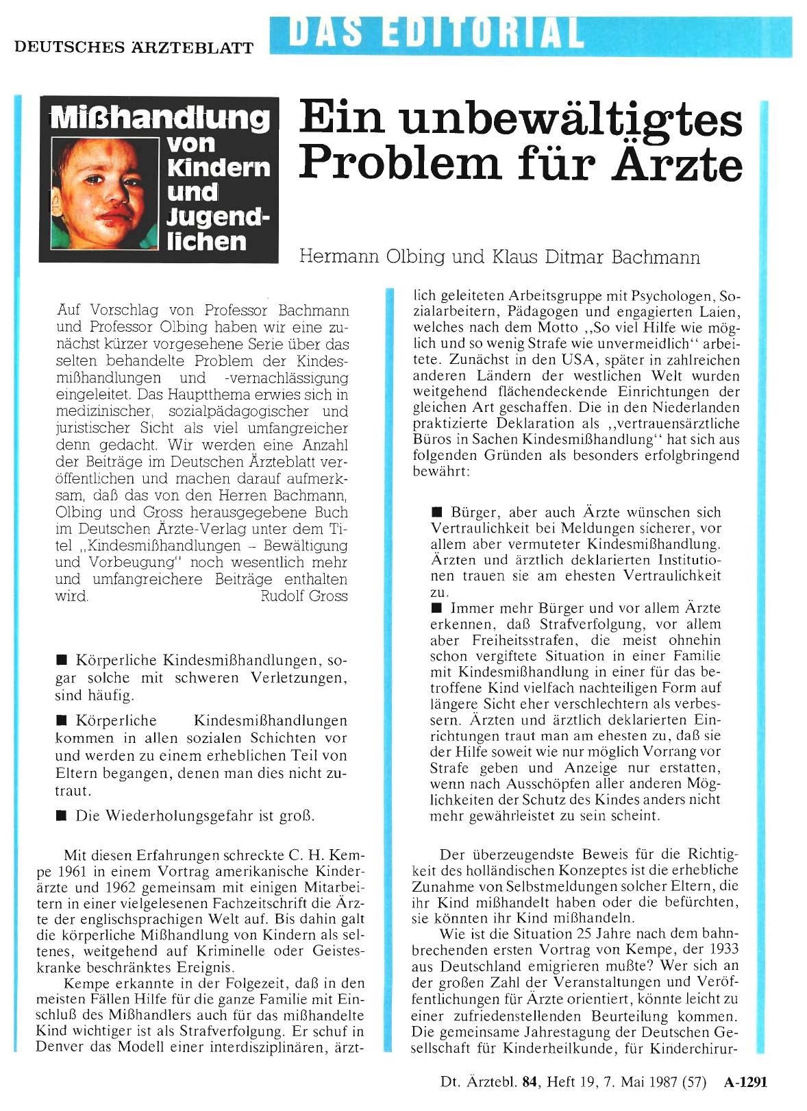 Vorschauseite 1: Mißhandlung von Kindern und Jugendlichen: Ein unbewältigtes Problem für Ärzte