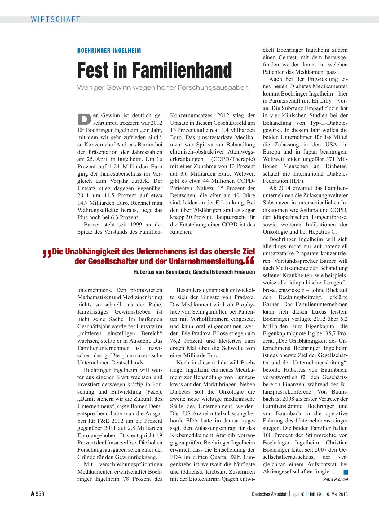 Vorschauseite 1: Boehringer Ingelheim: Fest in Familienhand