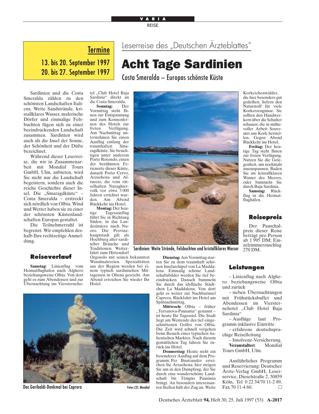Vorschauseite 1: Leserreise des „Deutschen Ärzteblattes“: Acht Tage Sardinien Costa Smeralda - Europas schönste Küste