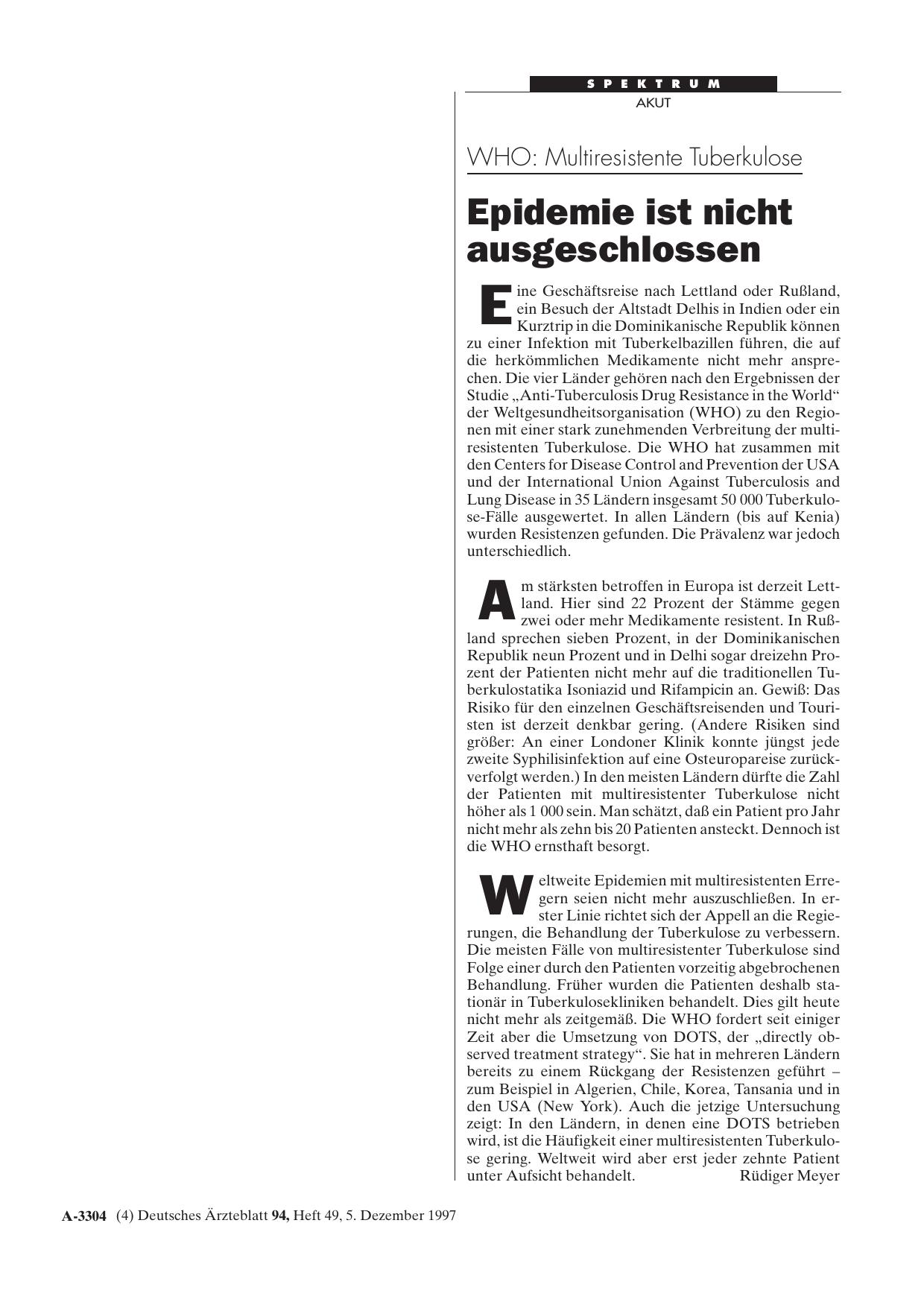 Vorschauseite 1: WHO – Multiresistente Tuberkulose: Epidemie ist nicht ausgeschlossen