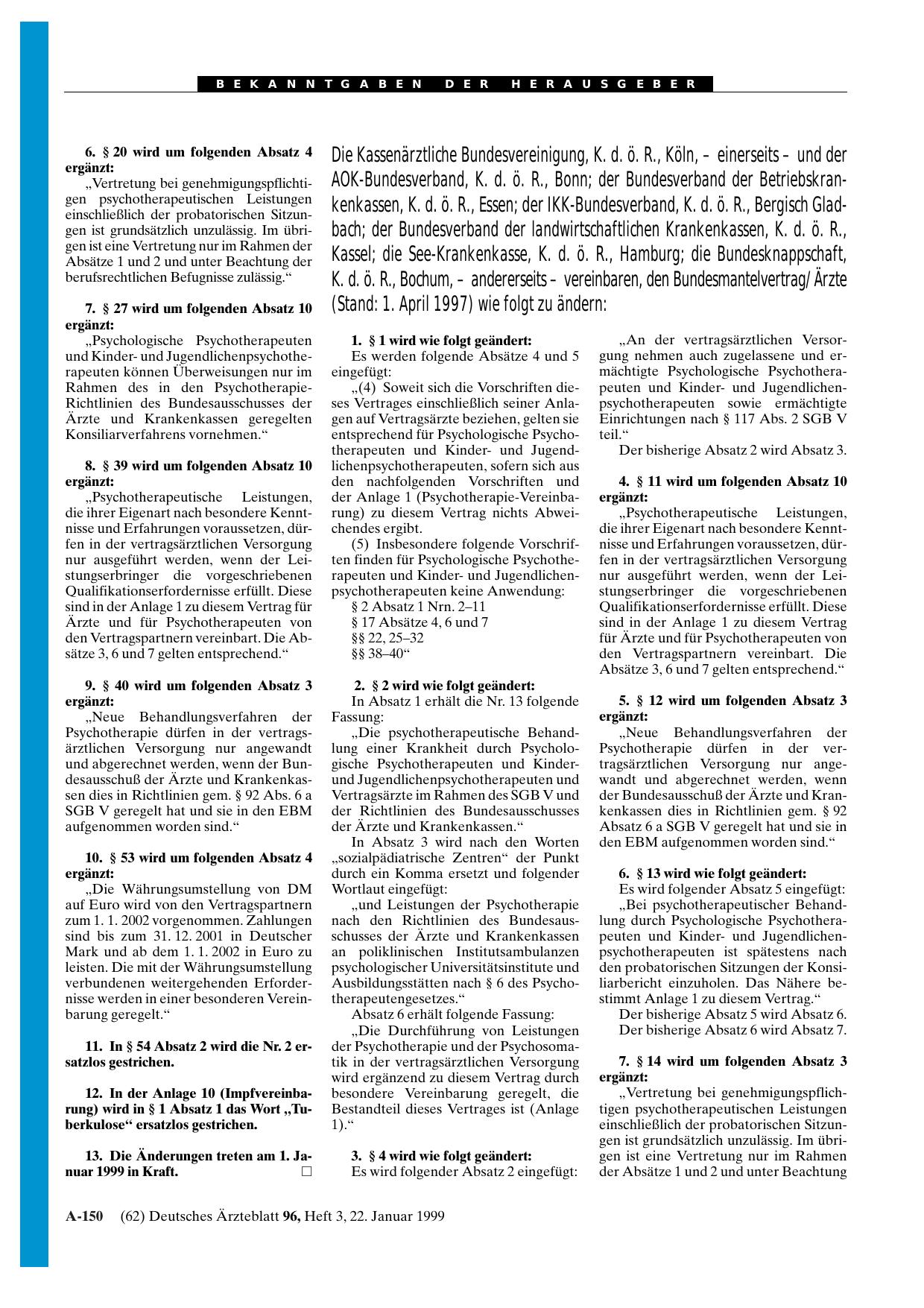 Vorschauseite 1: Änderung Bundesmantelvertrag/Ärzte (Stand: 1. April 1997)