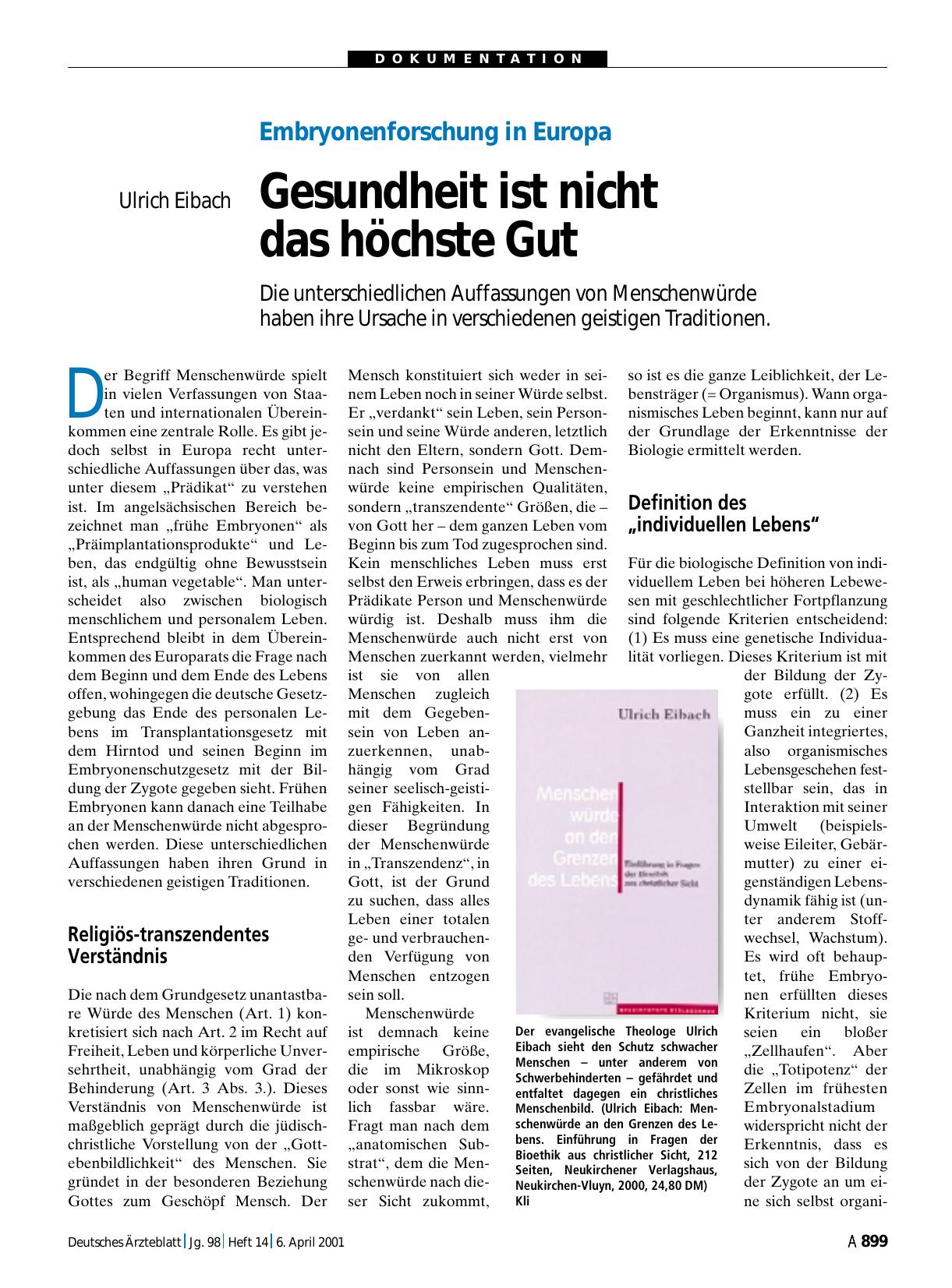 Vorschauseite 1: Embryonenforschung in Europa: Gesundheit ist nicht das höchste Gut