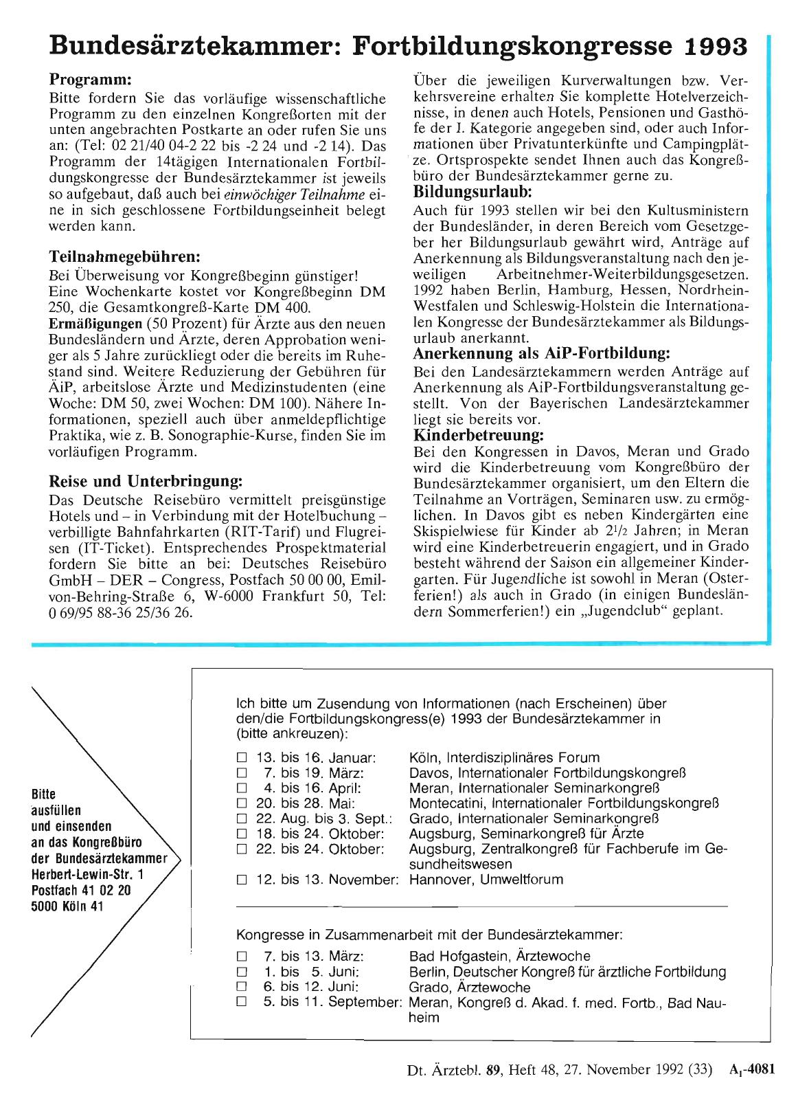 Vorschauseite 1: Bundesärztekammer: Fortbildungskongresse 1993