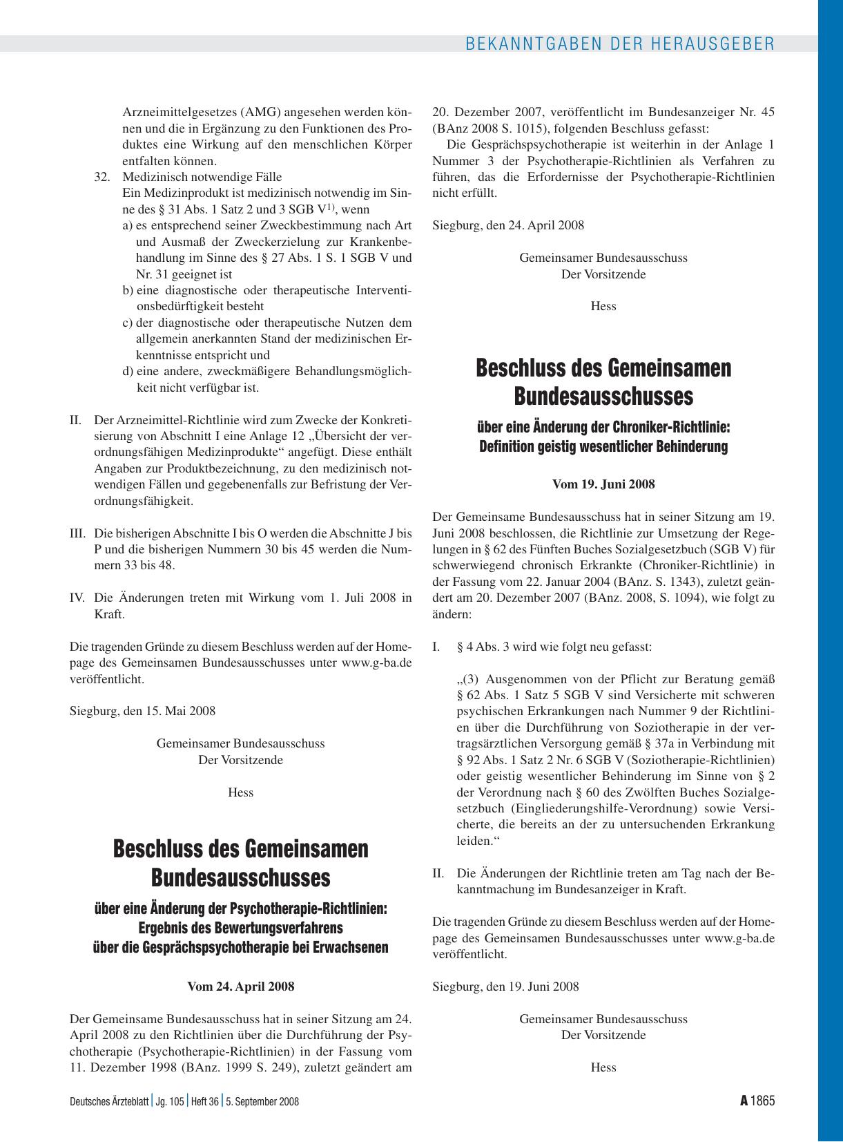 Vorschauseite 1: Beschluss des Gemeinsamen Bundesausschusses über eine Änderung der Psychotherapie-Richtlinien: Ergebnis des Bewertungsverfahrens über die Gesprächspsychotherapie bei Erwachsenen v…