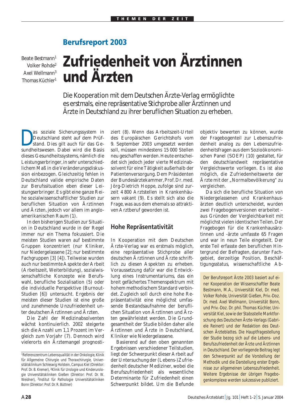 Vorschauseite 1: Berufsreport 2003: Zufriedenheit von Ärztinnen und Ärzten