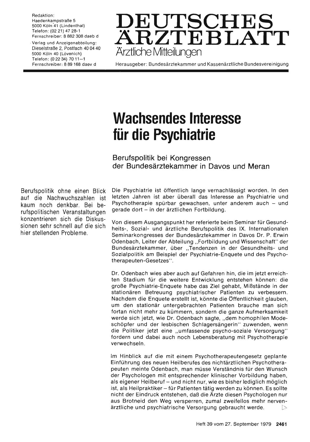 Vorschauseite 1: Wachsendes Interesse für die Psychiatrie: Berufspolitik bei Kongressen der Bundesärztekammer in Davos und Meran
