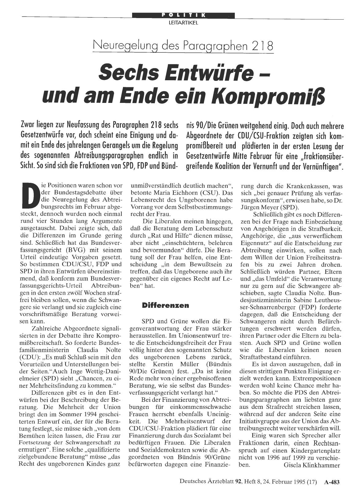 Vorschauseite 1: Neuregelung des Paragraphen 218: Sechs Entwürfe und am Ende ein Kompromiß