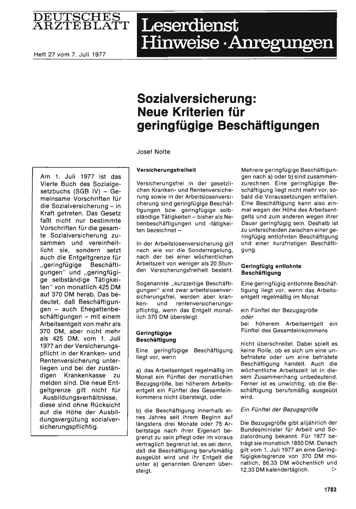 Vorschauseite 1: Sozialversicherung: Neue Kriterien für geringfügige Beschäftigungen