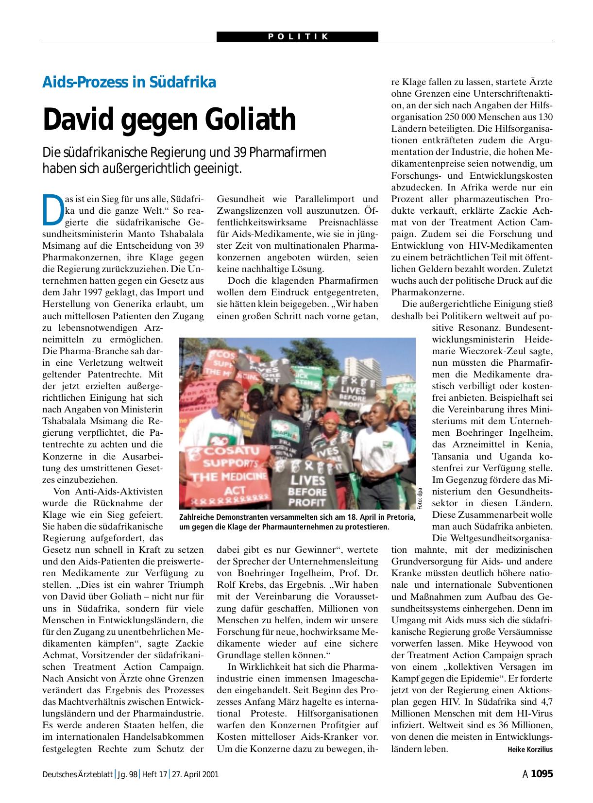 Vorschauseite 1: Aids-Prozess in Südafrika: David gegen Goliath