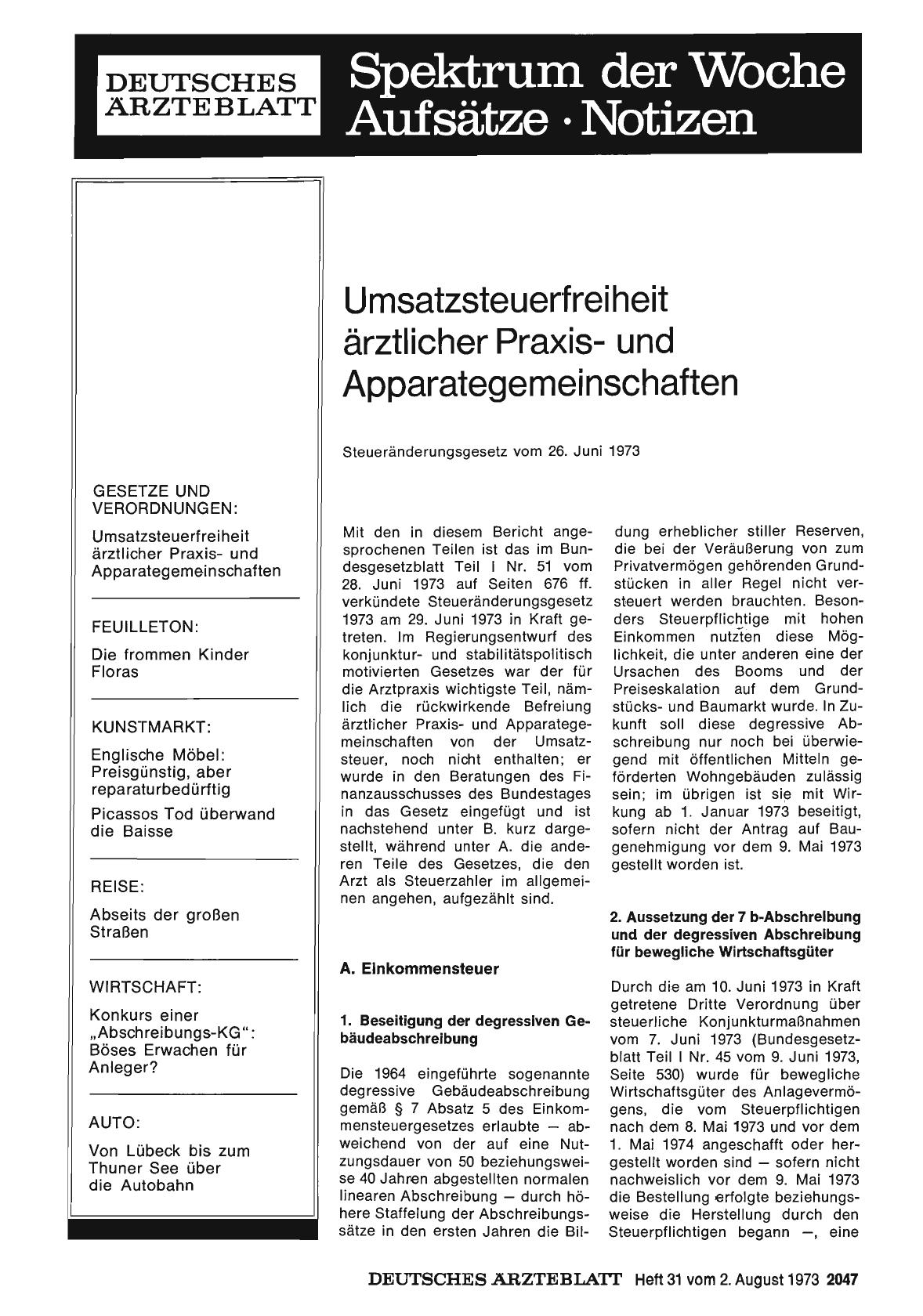 Vorschauseite 1: Umsatzsteuerfreiheit ärztlicher Praxisund Apparategemeinschaften: Steueränderungsgesetz vom 26. Juni 1973