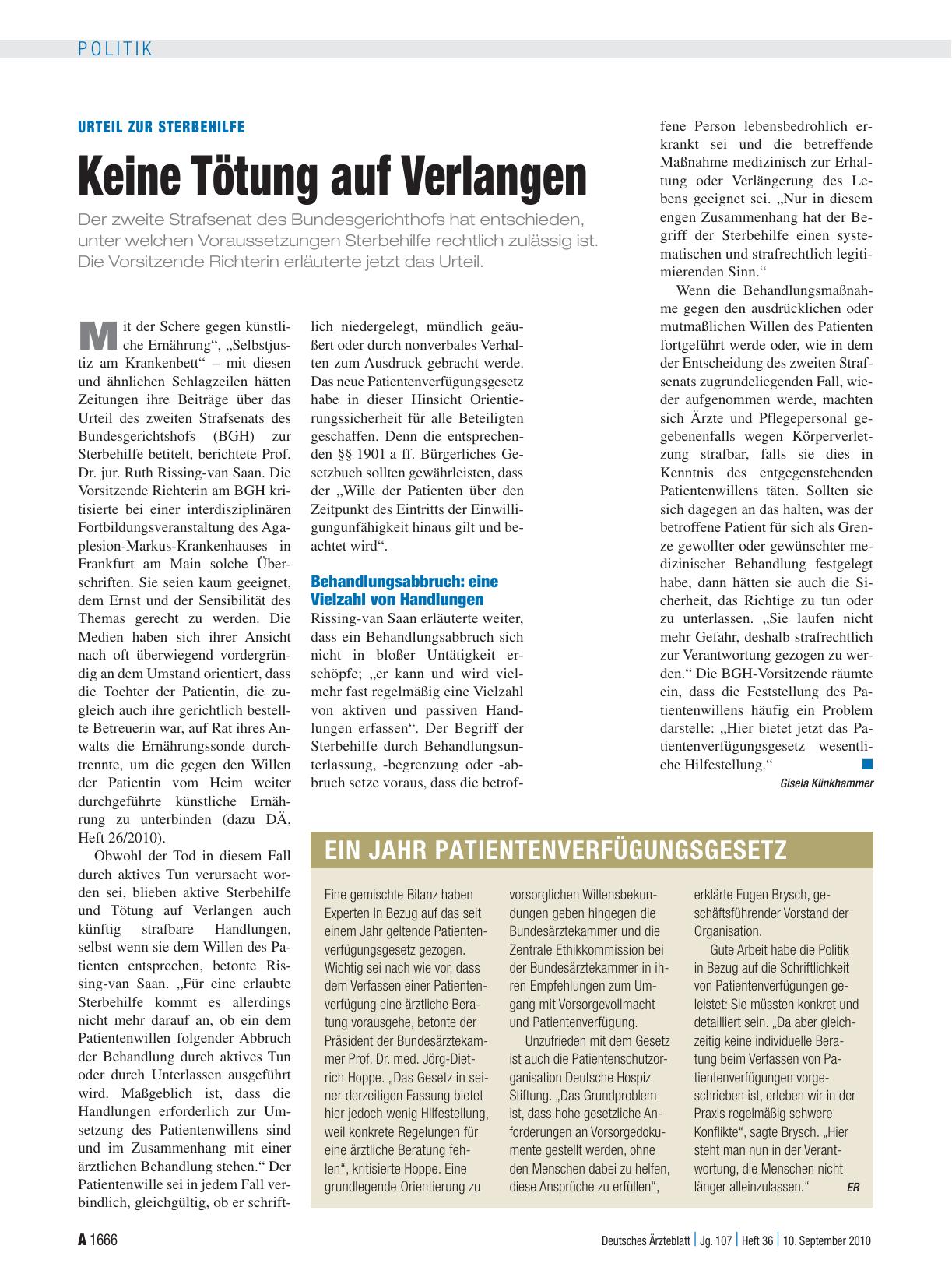 Vorschauseite 1: Ein Jahr Patientenverfügungsgesetz