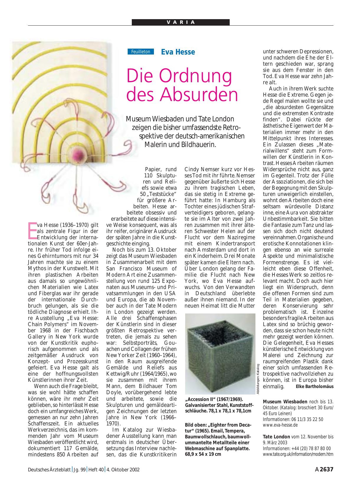 Vorschauseite 1: Eva Hesse: Die Ordnung des Absurden