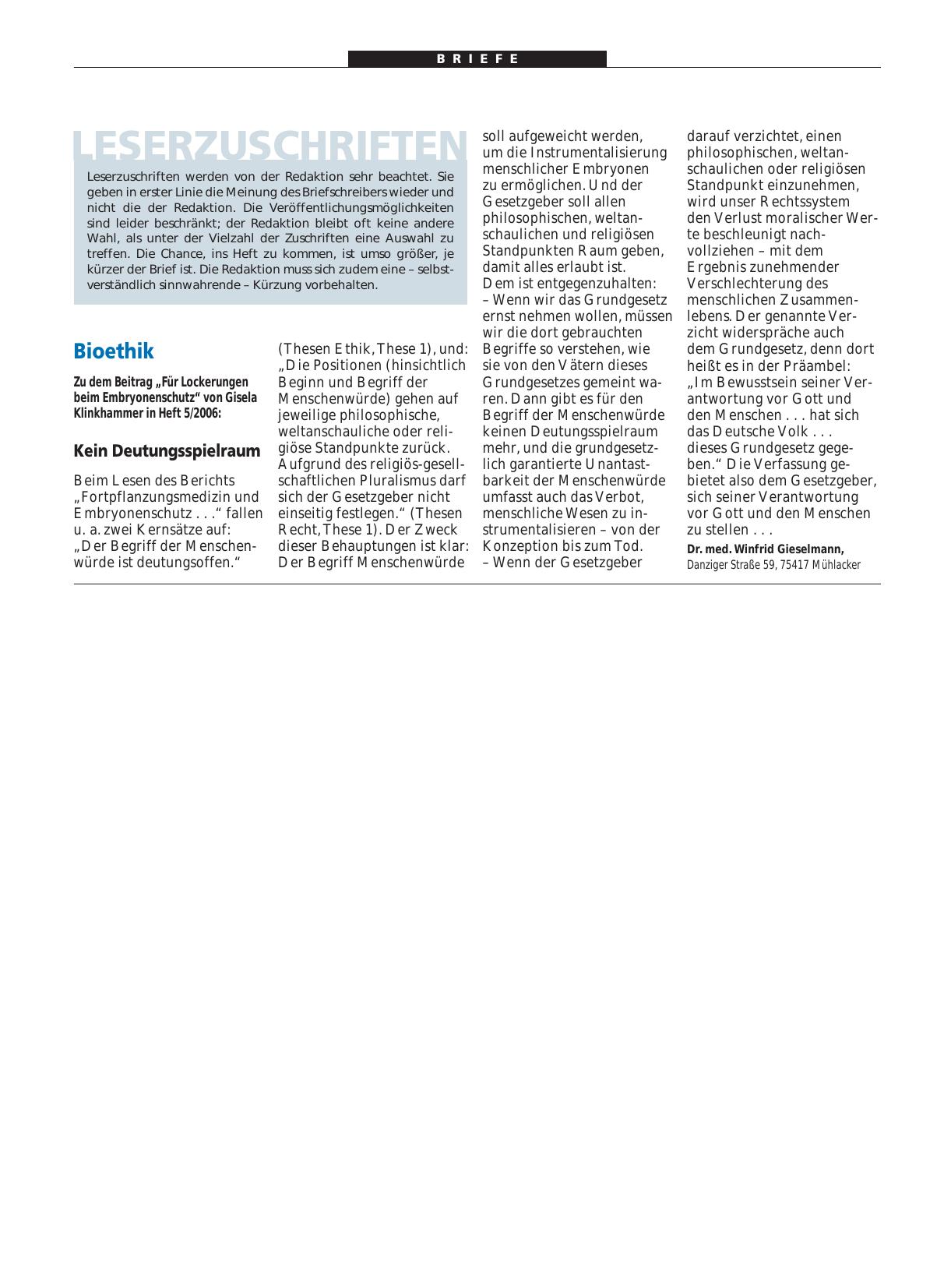 Vorschauseite 1: Bioethik: Kein Deutungsspielraum
