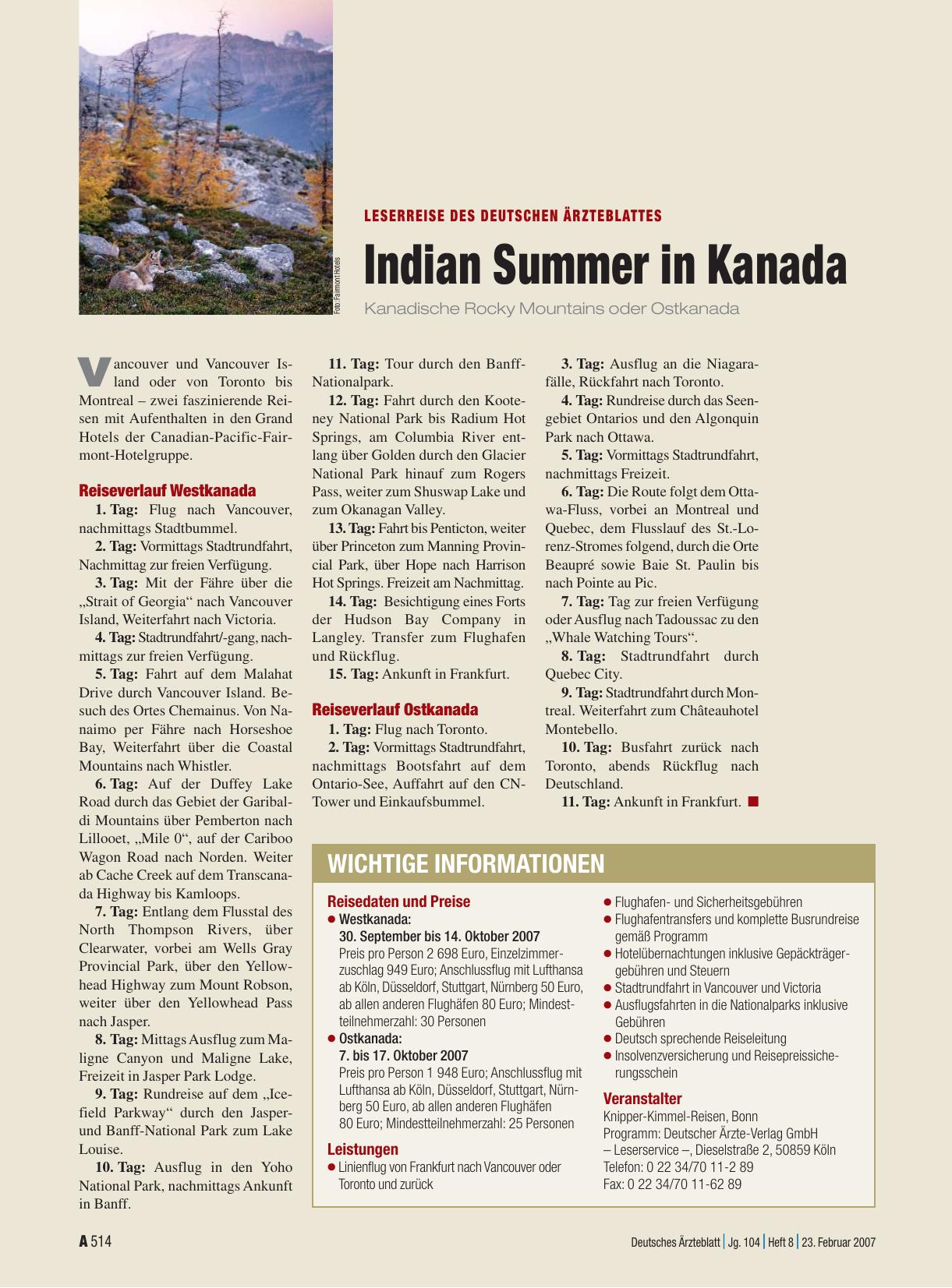 Vorschauseite 1: Leserreise des Deutschen Ärzteblattes: Indian Summer in Kanada – Kanadische Rocky Mountains oder Ostkanada