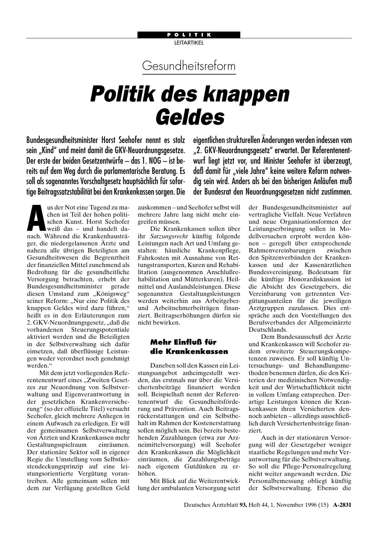 Vorschauseite 1: Gesundheitsreform: Politik des knappen Geldes