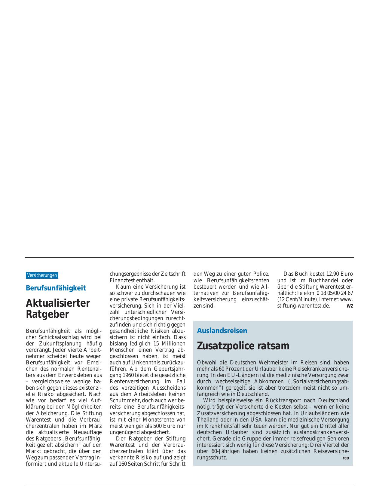 Vorschauseite 1: Auslandsreisen: Zusatzpolice ratsam