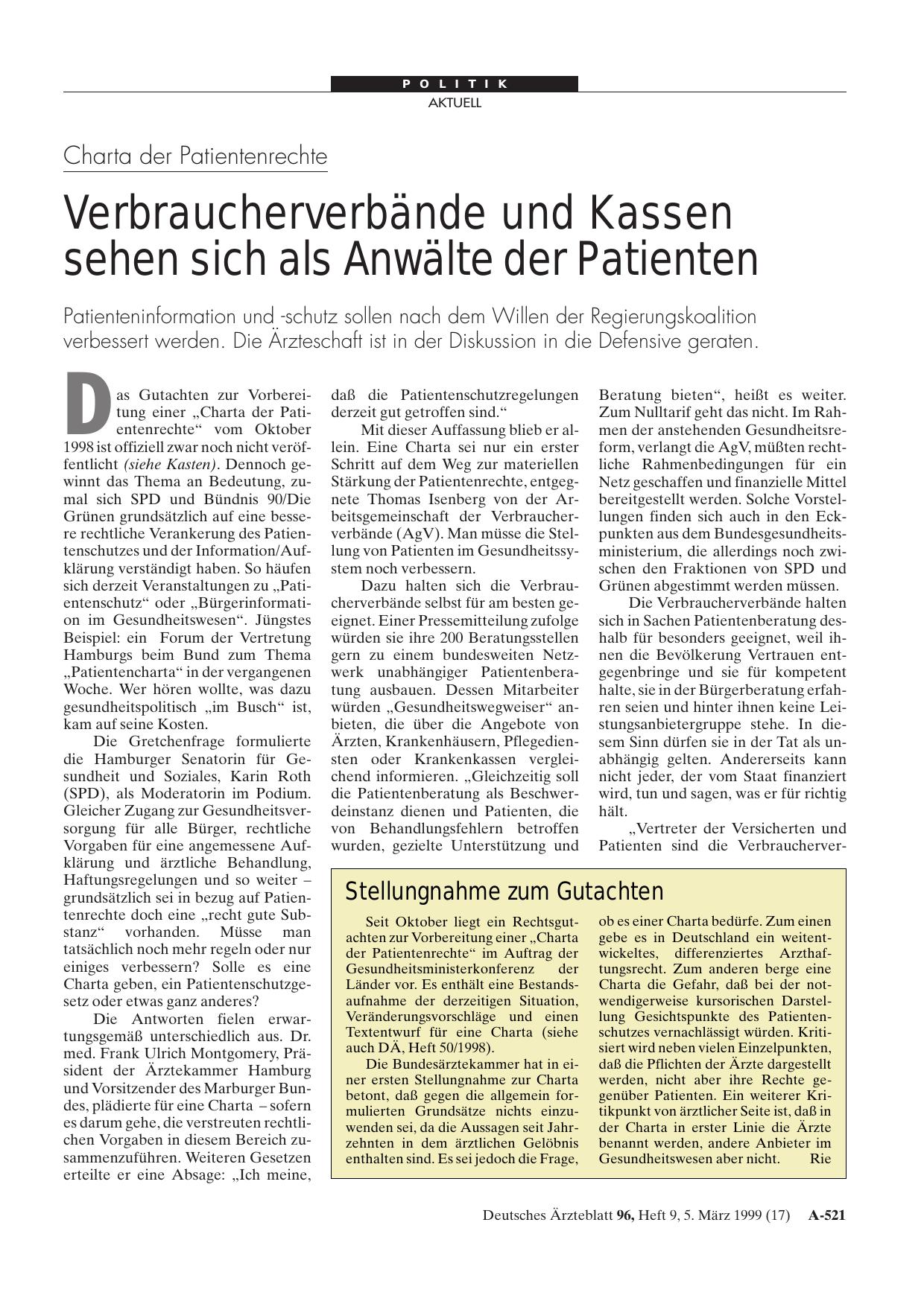 Vorschauseite 1: Charta der Patientenrechte: Verbraucherverbände und Kassen sehen sich als Anwälte der Patienten